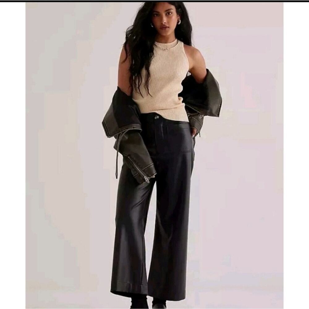 ANTHPOLOGIE MAEVE COLETTE VEGAN LEATHER WIDE LEG CROP PANTS BLACK Sz 31